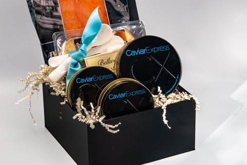 Caviar Indulgence Gift Basket, comes with 9.5 oz of Imperial , 4.5 oz of Iranian, and  4.5 oz of Sevruga
